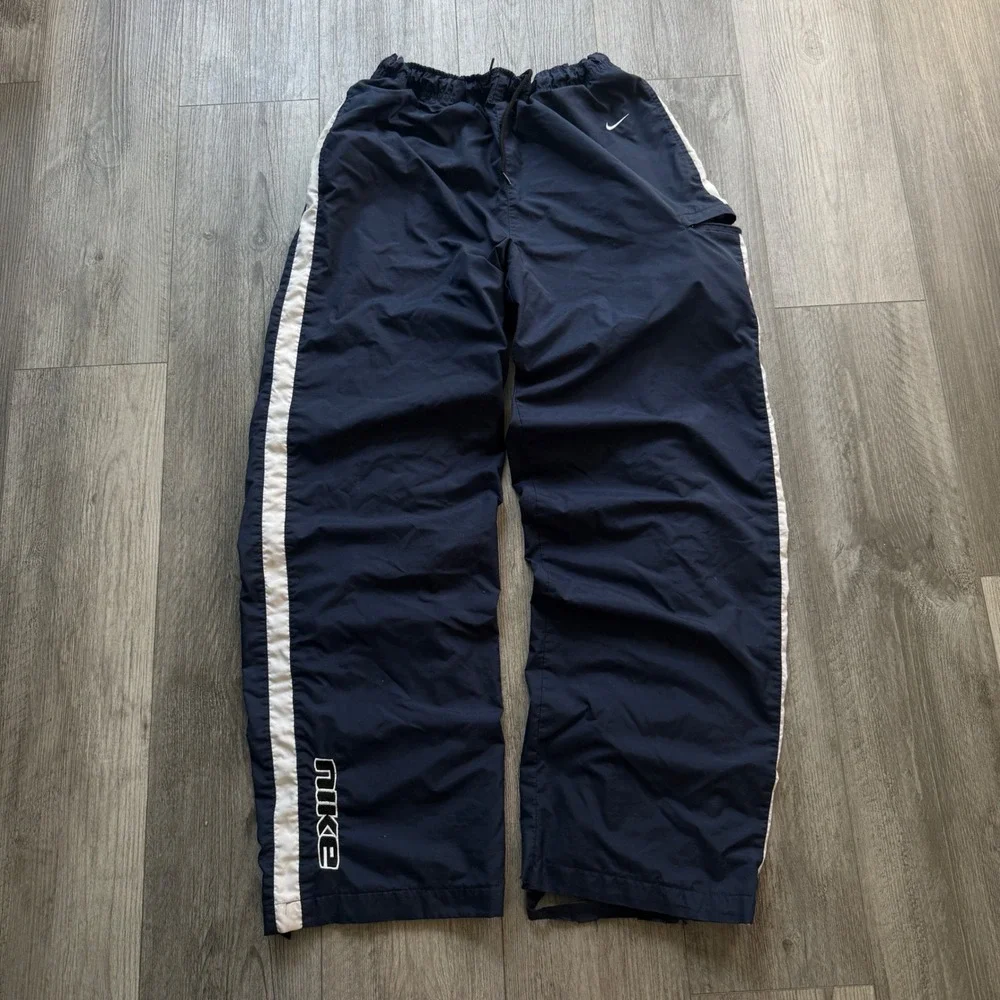 Nike Vintage Baggy Mens L Navy Track Pants Striped Y2K Athletic fleece lined